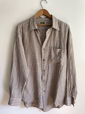 Joseph Abboud 100% Linen Plaid Button Up Shirt Men’s M Beige Italian Fabric